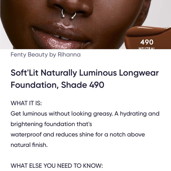 Fenty Beauty Soft’Lit Naturally Luminous Hydrating Longwear Foundation Shade 490 - Picture 11 of 16